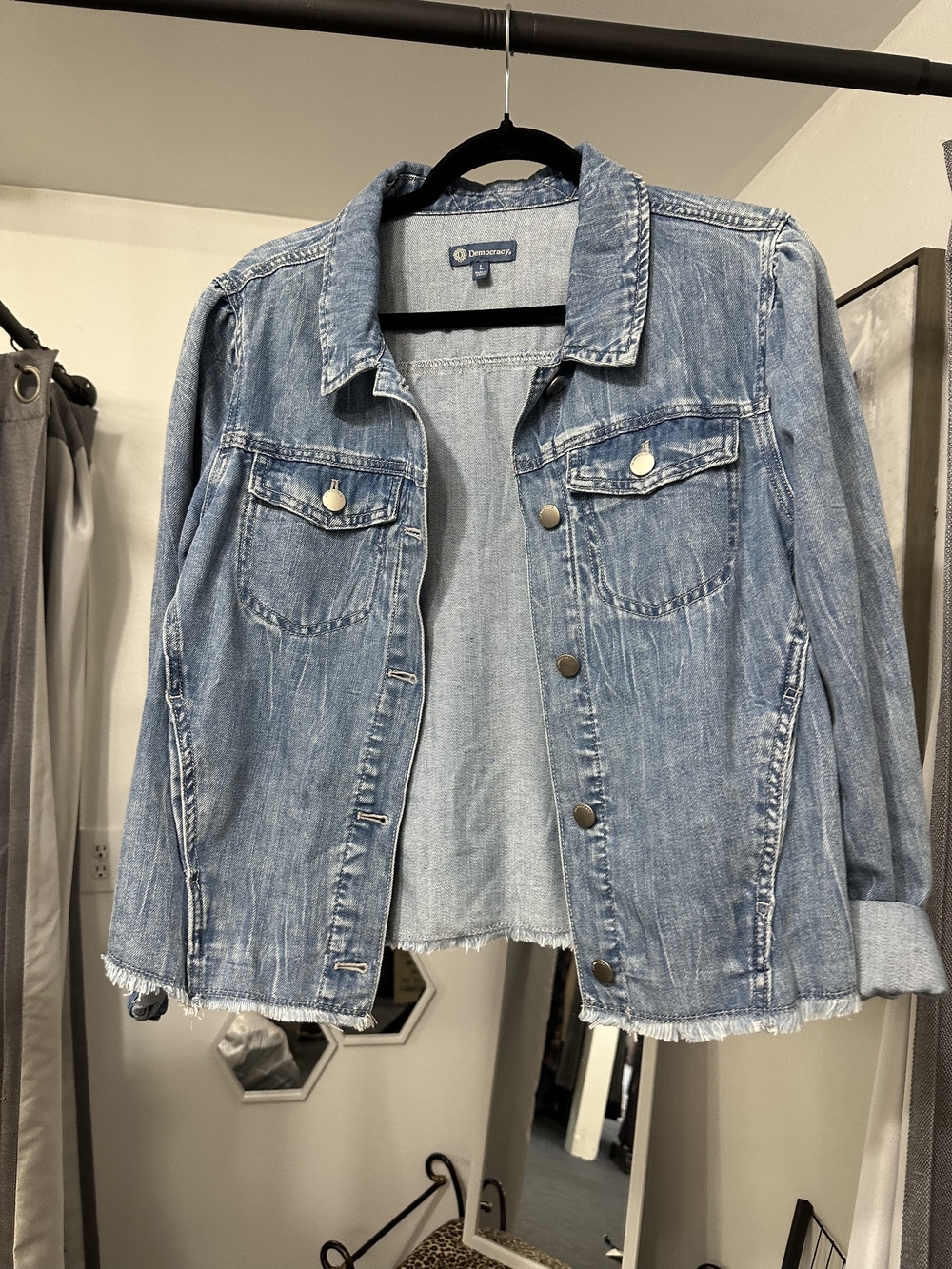 Democracy Light Wash Denim Jacket with Frayed Hem